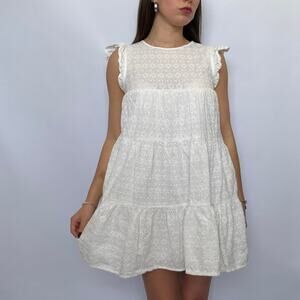 English Factory White Eyelet Babydoll Dress w/ Ruffle Sleeves